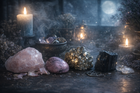 Crystals including rose quartz, rhodonite, pyrite and black tourmaline arranged on a mystical altar