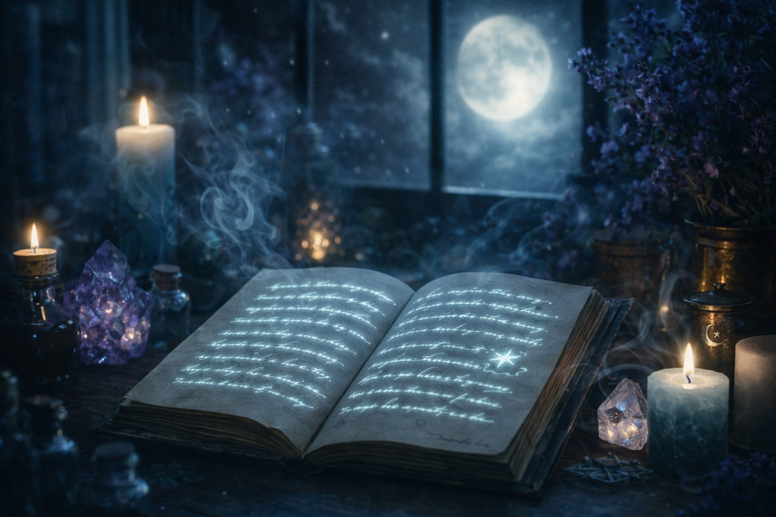 Open grimoire glowing under moonlight surrounded by crystals and candles